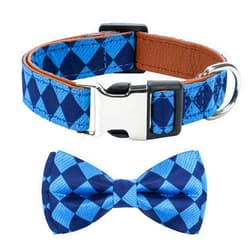 XYART Soft Dog Bow Tie Collar - Wedding Outfit for Boy/Male Dogs (Small, Medium, Large), Checkered Pattern, Deep Blue, Small