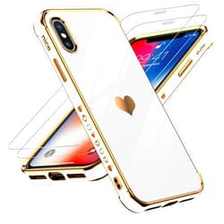 LeYi for iPhone X/XS Case: 2 Pack Tempered Glass Screen Protector + Full Camera Lens Protection, Love Heart Plated Women's Cute Luxury Soft TPU Shockproof Case, White