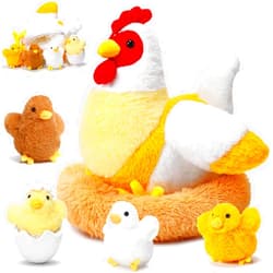Skylety Chicken Stuffed Animal Plush Toy Egg Laying Hen with Zippered Belly, Hen House and Little Baby Chicks for Christmas Decorations Stuffers Party Supplies(Funny Style)