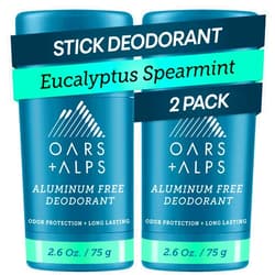 Oars + Alps Aluminum Free Deodorant for Men | Long Lasting Odor Protection, Clear & Free of White Residue, Anti-Chafing Smooth Glide, Dermatologist Tested, Eucalyptus Spearmint, 2pk, 2.6oz