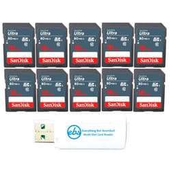Everything But Stromboli SanDisk 16 GB Class 10 SD HC Ultra Flash Memory Card (10 Pack) (SDSDUNS-016G-GN3IN) Class 10 UHS-I Bundle with (1) Everything But Stromboli MicroSDXC & SD Card Reader