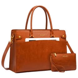 LOVEVOOK Laptop Tote Bag For Women Work, Leather Computer Bags For Laptops For Women, Vintage Waterproof Laptop Bag Business Briefcase Office Large Shoulder Handbag Purse, 17 Inch, Brown