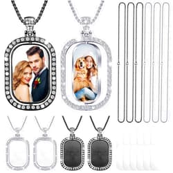 Junkin 24 Pcs Sublimation Rhinestone Trays Pendant Set, Including 6 Double Sided Blank Rhinestone Bezel Trays, 6 Pcs Thick Chains with 12 Sublimation Discs for Making