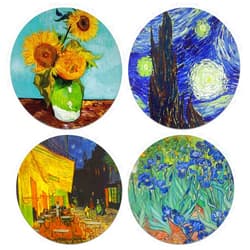 CARIBOU Coasters Sunflowers Blue, The Starry Night, Cafe Terrace At Night, Irises By Vincent Van Gogh Design Absorbent ROUND Fabric Felt Neoprene Coasters for Drinks, 4pcs Set