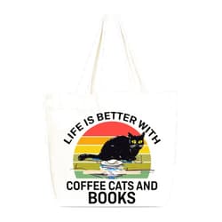 Zcsni Books Tote Bags, Life Is Better With Coffee Cats And Books Shopping Bag For Women, Cute Gifts For Friend Book Lovers Coffee Lovers Cat Lovers Cat Mom, Shoulder Bag For Travel Library Coffee Shop -A03