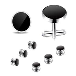 Yolev Mens Cufflinks and Studs Set Tuxedo Shirts Cuff links Black Onyx Cufflinks for Men, Classic Tuxedo Buttons Match for Business Wedding Formal Suit