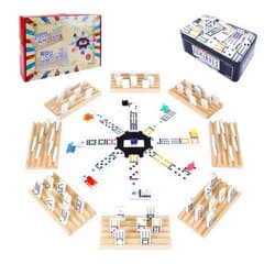 Gonoelec Double 12 Mexican Train Dominoes Set for Adults with 8pcs Wooden Trays, 9 Train Markers, 91 Color Dot Tile Dominos in Tin Box & Hub - Classic Family Board Game Set Party Toy Gift for Kids