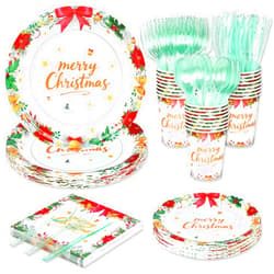 Qonimi 175 Pcs Christmas Paper Plates and Napkins Sets wreath, bell, bowknot Disposable Tableware Set Includes Dinner & Dessert Paper Plates, Napkins, Cups & Forks Christmas Party Supplies Serve 25