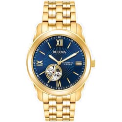 Bulova Men's Classic 3 Hand Automatic Gold Stainless Steel Watch, Blue Dial (Model:97A131)
