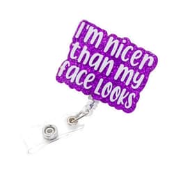 VLAWISE Funny Nurse Badge Reel Retractable, I’m Nicer Than My Face Looks Acrylic ID Name Tag Holder for Nurse Doctor Teacher Student Gift