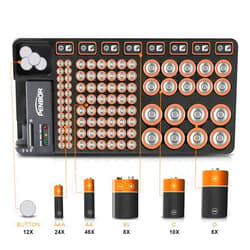 PENBOR Battery Organizer Storage Case with No Lid Snap, Portable Battery Tester, Just The Right Size Slot with Wall-Mounted Design,Holds 110 Batteries Various Sizes for AAA, AA, 9V, C, D and Butt