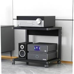 Leaceuv AV Media Stand with Wheels, 2-Tier Audio-Video shelving, Modern Console Wooden Storage Shelves, Stereo Racks and Stands, Audio Tower Corner Entertainment Center, for Living, Gaming Room(Black,50x40x50