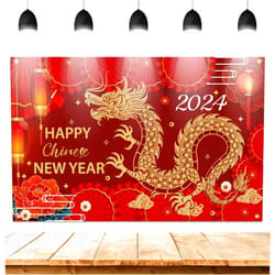 NQEUEPN 71x45 Inch Happy New Year Banner, 2024 Happy Chinese New Year Backdrop Sign New Year Eve Party Decoration Supplies Dragon Lantern Red Background Photo Props
