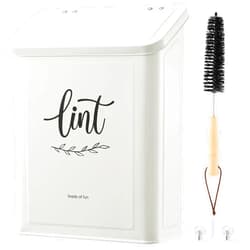 PERFNIQUE Magnetic Lint Bin for Laundry Room with Lint Brush, Wall Mounted Lint Holder Trash can with lid for Dryer, Modern Farmhouse Rustic Metal Laundry Room Storage Organization and Decor(White)