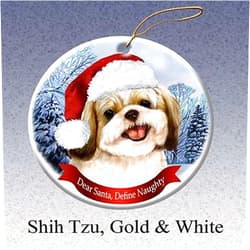 Pet Gifts USA Dog in Santa Hat Porcelain Hanging Howliday Ornament (Shih Tzu (Gold and White))