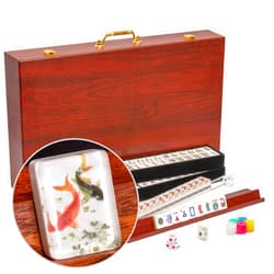Yellow Mountain Imports American Mahjong Set, Koi Fish with Wooden Case - Four Wooden Racks, Acrylic Pushers, Wright Patterson Scoring Coins, Dice, & Wind Indicator