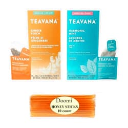 Doomi Teavana Peach Tranquility Tea and Jade Citrus Mint - Medicine Ball Cold Buster - 24 Sachets Each (48 Total) Plus Doomi Pure Honey Clover Sticks (10)