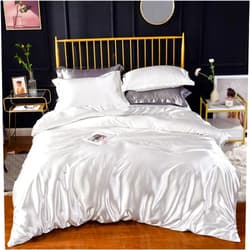 ColorfulMart White Ivory Luxury Silk Bedding Set. Include Silk Duvet Cover, Silk Pillow Sham and Silk Fitted Sheet. Satin Silk, Silk Blend Fabric. No Comforter or Duvet Insert Included. Full/Queen Size.