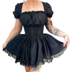 Muineobuka Women's Gothic Lolita Mini Dresses Vintage Punk Puff Sleeve A Line Swing Short Goth Dress