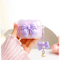 QLD COVER Compatible with Apple AirPods Pro 2 Generation 2022 Case Cover, Cute 3D Bow Tie Design Shockproof Soft Clear TPU Kawaii AirPods Pro2 Protector with Keychain for Women Girls, Bow Purple