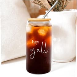 Luckluccy Glass Jars with Bamboo Lids Hey Y'all Glass Cup Literary Quote Glass Tumbler for Juice Coffee Soda Drinks 16OZ