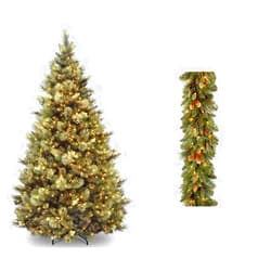 National Tree Company Pre-lit Artificial Christmas Tree, Carolina Pine - 7.5 ft & Pre-Lit Artificial Christmas Garland, Green, Carolina Pine, White Lights, 9 Feet