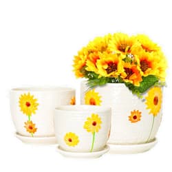 Ton Sin Plant Pots,Set of 3 Ceramic Sunflower Flower Pots for Indoor Plants,4+5+6 inch Pots with Drainage Hole Saucer,Garden Pots Catus Planters