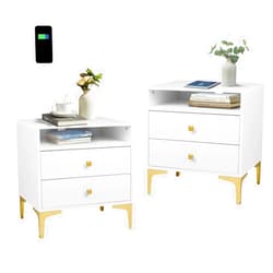 AILEEKISS Nightstands Set of 2 with Wireless Charging Function, Wood Night Stands 2 Sets with Drawers and Open Shelf Storage, Modern Bed Side Tables for Bedroom,Living Room (White 2 Sets)