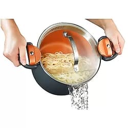 GOTHAM STEEL 5 Quart Multipurpose Pasta Pot with Strainer Lid & Twist and Lock Handles, Nonstick Copper Surface Makes for Effortless Cleanup with Tempered Glass Lid, Dishwasher Safe