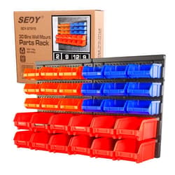 SEDY 30-Bin Wall-Mounted Storage Rack System - Heavy-Duty Garage Tool Organizer for Screws, Nuts, Bolts, Nails, Beads, and Small Hardware Parts - Easy Installation and Customizable Red Blue Orange