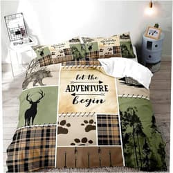 LUVIVIHOME 3PCS Cabin Rustic Bedding, Brown Plaid Duvet Cover Queen, Country Farmhouse Bedding, Black Bear Moose Deer Hunting Lodge Quilt Bedspread Patchwork Sage Green Comforter Cover, 2 Pillow Cases