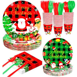 WNINK 175 PCS Christmas Plates and Napkins Set - Disposable Christmas Party Supplies with Cups, Plastic Spoons Forks Knives, Merry Xmas Paper Plates and Napkins for Xmas Holiday Party Decor, Serves 25