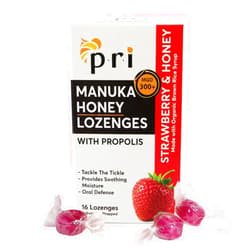 P.R.I Manuka Honey Lozenges with Propolis, Soothing Cough and Throat Drops, MGO 300+ Certified (Strawberry, 16 Count)