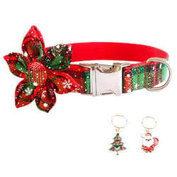Otunrues Christmas Dog Collar with Flower, Classic Holiday Dog Collar Metal Buckle Durable, Adjustable Christmas Boy Girl Puppy Collars for Small Medium Large Dog L