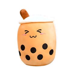 VICKYPOP Cute Bubble Tea Plush Toy Stuffed Boba Food Shaped Pillow Cushion Cartoon Fruit Milk Tea Gift for Kids (Brown Close Eyes, 13.7 inch)