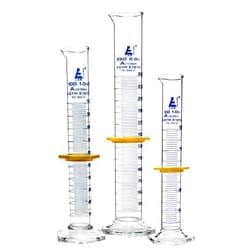 EISCO Premium Graduated Cylinder Set - 50mL, 100mL & 250mL - ASTM, Class A - Protective Collars, Hexagonal Base - Blue Graduations - Borosilicate 3.3 Glass