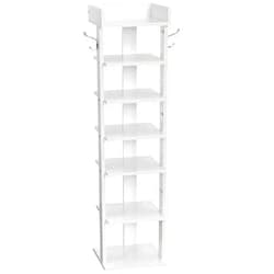 HOOBRO Vertical Shoe Rack for Front Door Entryway, 7 Tier Wooden Shoe Storage Organizer with Hooks, Narrow Shoe Tower for 7 Pairs, Space Saving, for Corner, Closet, Bedroom, White WT61XJ01