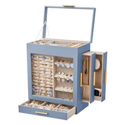 SONGMICS Jewelry Box with Glass Window, 5-Layer Jewelry Organizer with 3 Side Drawers, Jewelry Storage, with Big Mirror, Modern, 6.1 x 10.3 x 12.6 Inches, Smoky Blue and Metallic Gold UJBC162Q01