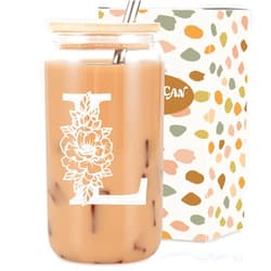 Coolife Initial Glass Cup, Monogrammed Gifts for Women, 16 oz Glass Cups w/Lids Straws, Iced Coffee Smoothie Beer Tumbler w/Straw Lid - Personalized Mothers Day, Birthday Gifts for Her Mom Friend