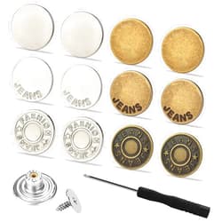 HeartfeltYIre Jean Buttons for Loose Jeans 12pcs 17mm Metal Easy Anti Fray Instant No Sew Pins Make Smaller Extenders Pants Clips to Waist Tighten Waist Replacement Reusable Adjustable with Tool