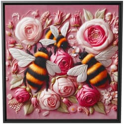 Custom Flower Wall Art Embroidery Artwork Canvas Print Framed Painting Bees Pink Roses Nature Bright Kitchen Garden Decor