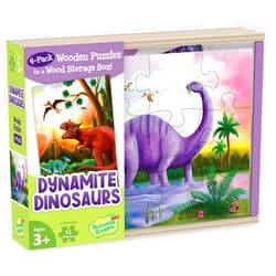 Peaceable Kingdom Dynamite Dinosaurs 4-in-1 Wooden Jigsaw Puzzles in a Wooden Storage Box, Dinosaur Puzzle, Educational Girls Boys (48 Pieces Total)