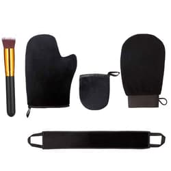 Boao 5 Pieces Self Tanning Mitt Applicator Kit, Includes Exfoliating Glove, Tanning Mitt, Mini Face Mitt, Back Lotion Applicator with Self Tanner Brush Large Flat Top Makeup Brush (Black)