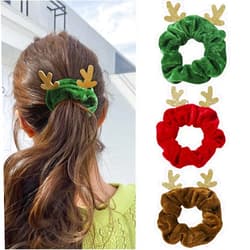 QDTK 3PCS Christmas Hair Scrunchies Silk Christmas Hair Ties Elastic with Christmas Elk Antler Soft Elastic Hair Bands Red Green Hair Ties Red Green Brown Ponytail Holders for Women Girls