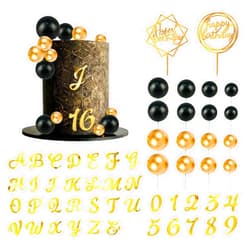 DRWATE Gold Acrylic Alphabet Number Cake Topper DIY Personalized Name Cupcake Toppers with Balls Happy Birthday Sets for Custom Wedding Cake Decorations Party Supplies (Style1, Uppercase)