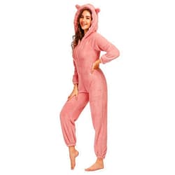 chouyatou Women's Ultra Comfy Lounge Furry Sherpa Romper Onesie Pajamas Cute Ear Hood