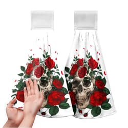 Lealeg Halloween Skeleton Hanging Kitchen Towels Human Skull Roses Hand Towel with Hanging Loops Gothic Red Floral Tie Tea Dish Towel 17x12 Inch Bone Flowers Washcloth for Bathroom Holiday Set of 2