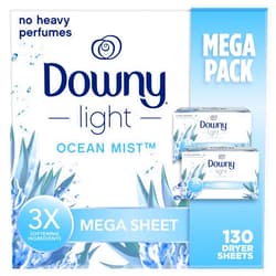Downy Light Mega Dryer Sheets, Fabric Softener Dryer Sheets, Ocean Mist, 130 Count
