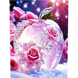 BYGFHLYW Diamond Art Painting Kits for Adults, Pink Rose 5D Diamond Painting Dots Art Kits for Adults Beginner, Crystal apple DIY Full Round Gem Crystal Art paint by Diamond, Home Wall Decor 12x 16 In