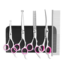GEMEK Dog Grooming Scissors Set, 4CR Stainless Steel Safety Round Tip Pet Professional Grooming Tool 5 Pieces Kit - Straight, Curved, Thinning Shears & Comb for Dogs, Cats and Other Animals